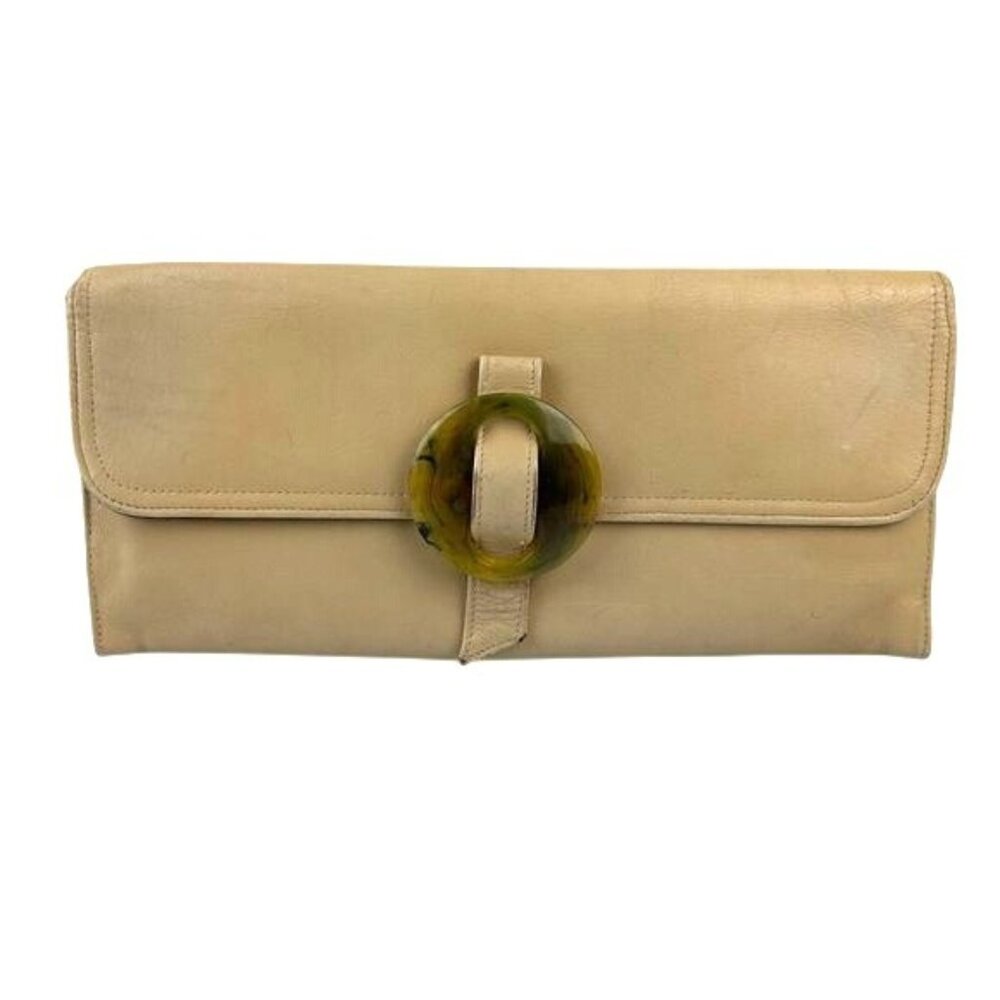 Ande Vintage Tan Lucite Green Buckle Clutch Purse READ FLAWS